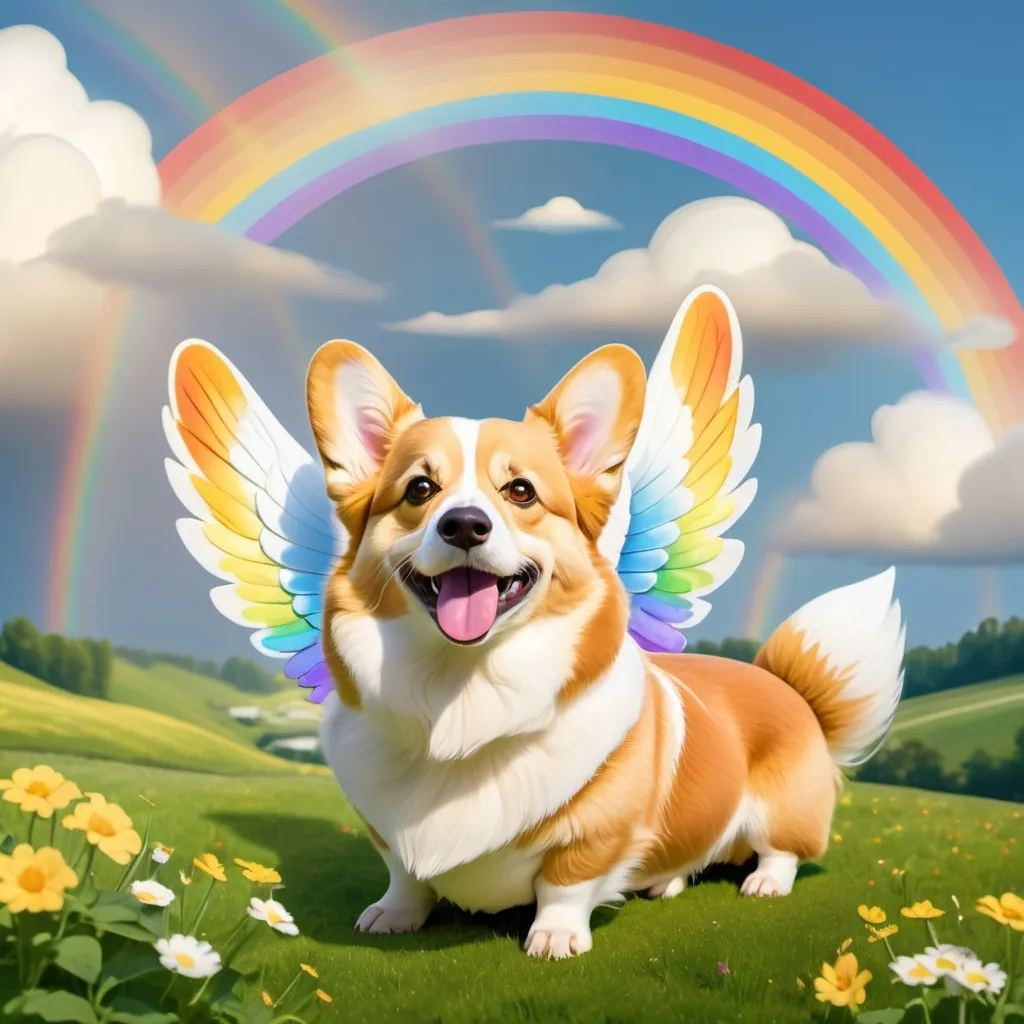 Prompt: a golden corgi with white wings in heaven with fields of green all around him and a rainbow behind him