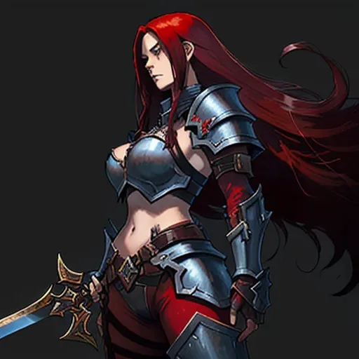 Prompt: a jarhead type woman with a strong demeanor and long straight red hair, wearing low fantasy dark plate armor in the style of world of warcraft. She has a longsword on her back, and a short sword at her hip.  
