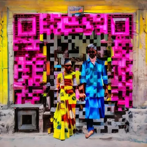 Prompt: A couple in Old streets of delhi in vivid shades of pink, yellow and blue. 