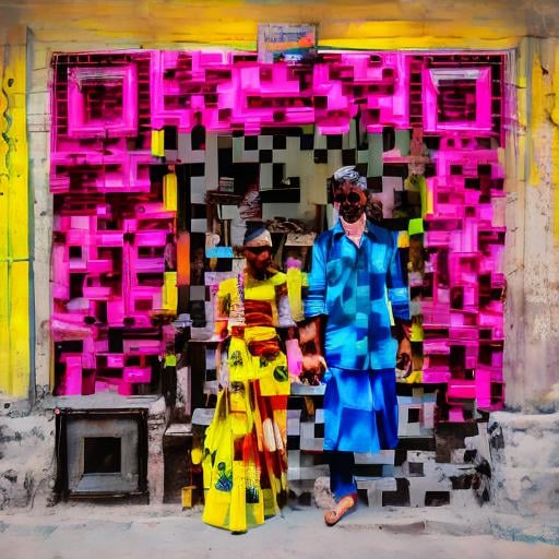 Prompt: A couple in Old streets of delhi in vivid shades of pink, yellow and blue. 