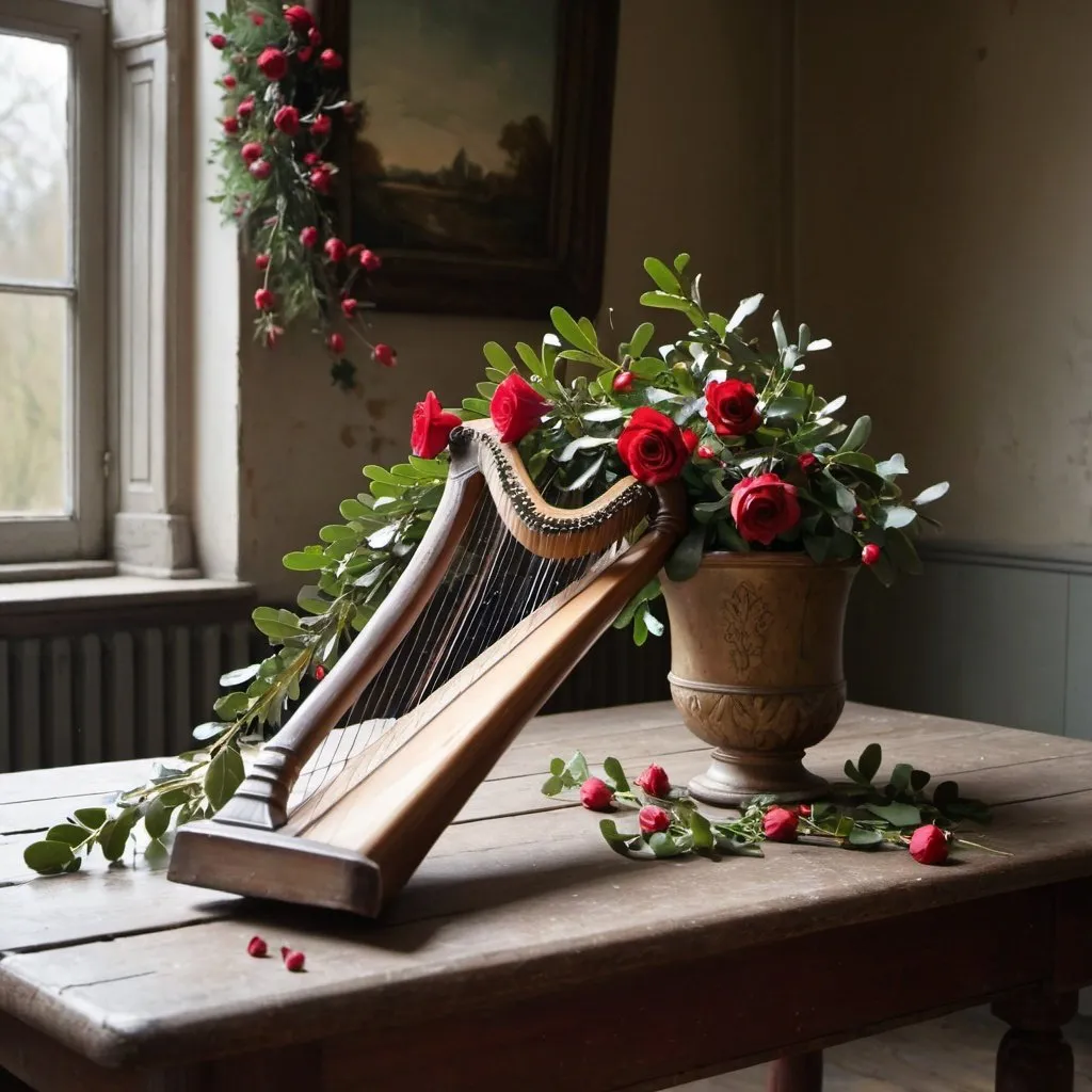 Prompt: A harp, an acorn and mistletoe laying on a big old table, the table has paint losing from it. Theres a big old vase with dired red roses in it standing in the middle of the table 