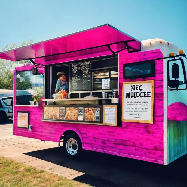 Prompt: create a picture of a food truck with a sign that says "Munch Mobile" on the top with a menu that says "Try our new bacon mac & cheese!" and also have a person to the side of it with a large smile