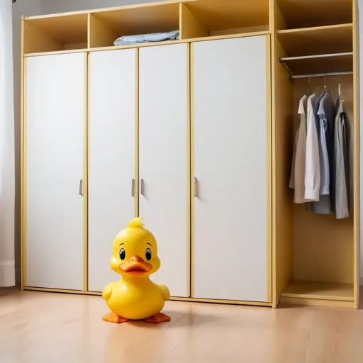 Prompt: Yellow duck sitting in front of a huge empty wardrobe, crying for not having enough clothes and dresses to wear 