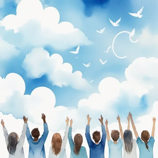 Prompt: Background: Blue sky with white clouds, conveying hope and lightness.
Foreground: A minimalist illustration of a group of young people smiling and celebrating to represent the unity and joy of Christian youth.
Use watercolor and crayon art filters