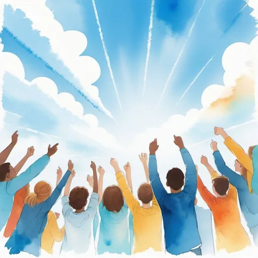 Prompt: Background: Blue sky with white clouds, conveying hope and lightness.
Foreground: A minimalist illustration of a group of young people smiling and celebrating to represent the unity and joy of Christian youth.
Use watercolor and crayon art filters