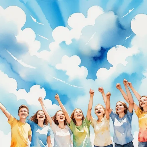 Prompt: Background: Blue sky with white clouds, conveying hope and lightness.
Foreground: An illustration of a group of young people smiling and celebrating to represent the unity and joy of Christian youth.
Use watercolor and crayon art filters