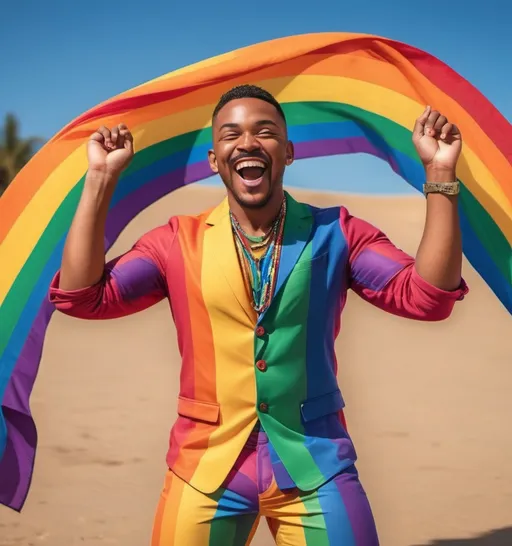 Prompt: (vibrant representation of a gay person), colorful attire, joyful expression, (pride symbols), open and welcoming pose, bright background filled with rainbow colors, (cozy ambiance), warm lighting, emphasizing inclusivity and love, capturing the essence of freedom and authenticity, ultra-detailed, high quality, embracing individuality and diversity.