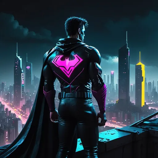 Prompt: A misunderstood superhero looks over a cyberpunk city skyline. There are rips in the cape. The setting is a night and the mood is dark and bleak. The setting is a 1980s art style.