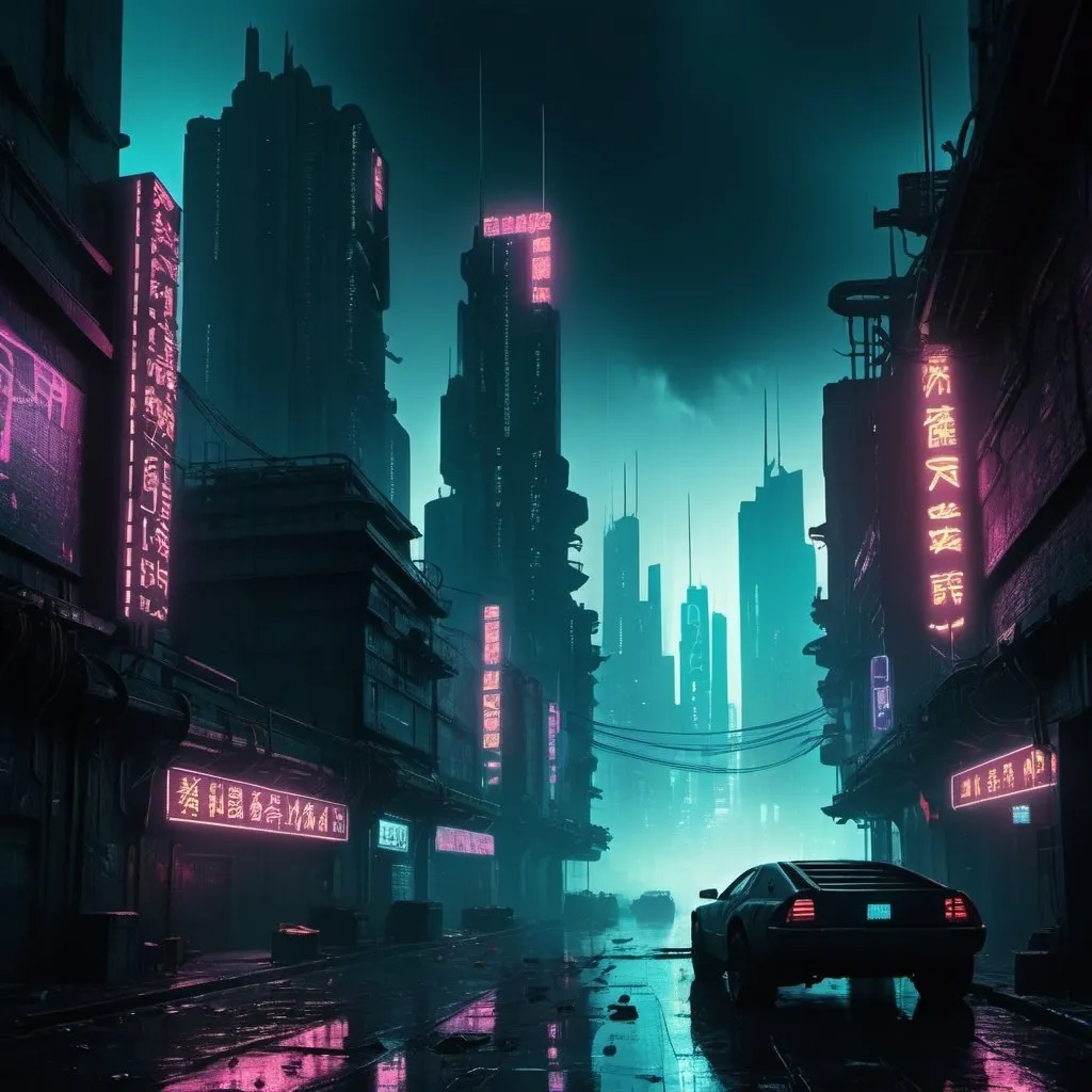 Prompt: cyberpunk cityscape in the style of Bladerunner movie, with a dark fantasy aesthetic. dark and hopeless. 