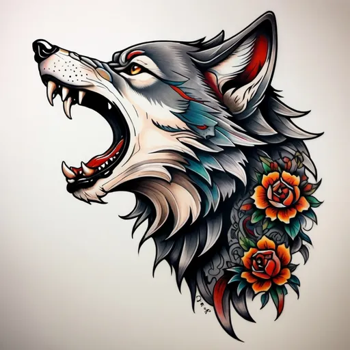 Prompt: Wolf's head side view, open mouth , in colour, in neo traditional style, tattoo inspired