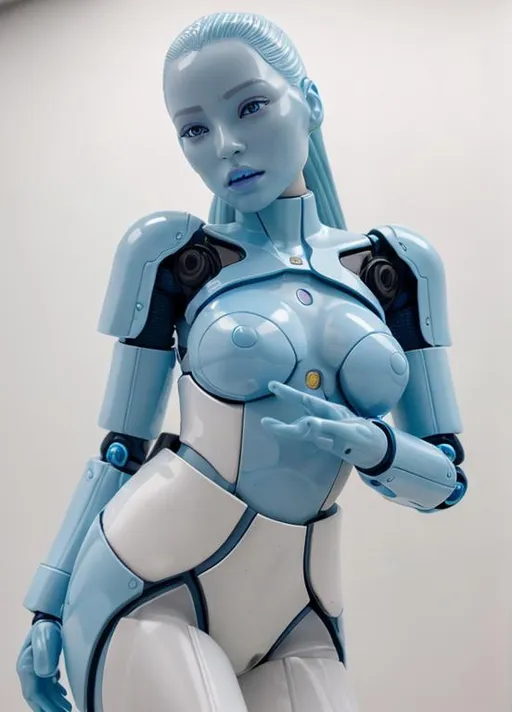 Prompt: Glorious female android with very light blue plastic skin,  fully functional