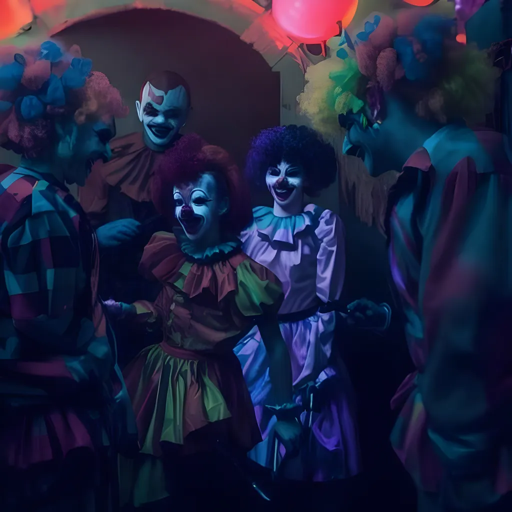 Prompt: beautiful girl and men dressed as clowns in a black lighted room laughing with knives in their hands
