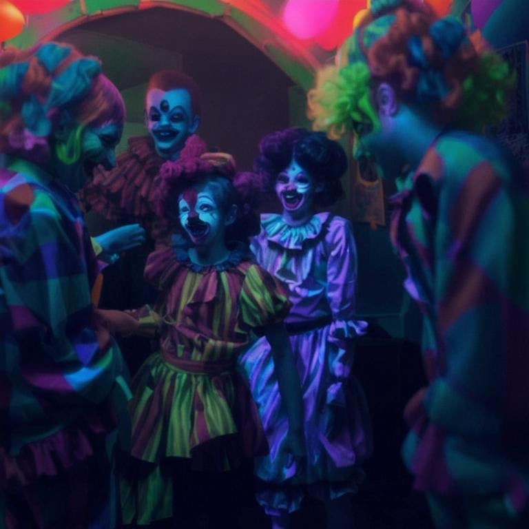 Prompt: girl and 2 young men dressed as clowns in a black lighted room all are laughing