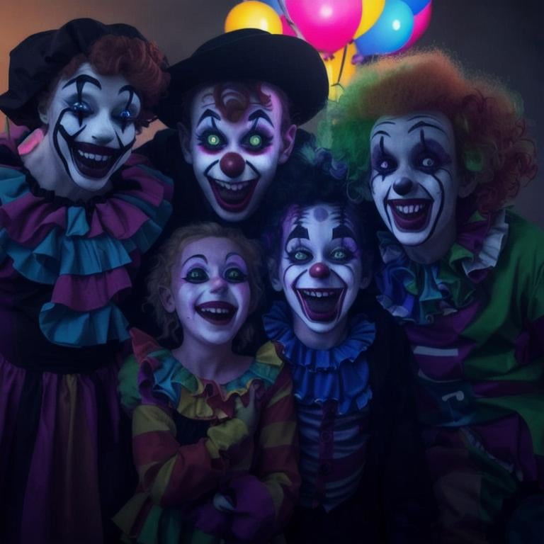 Prompt: girl and 2 young men dressed as clowns in a black lighted room all are laughing