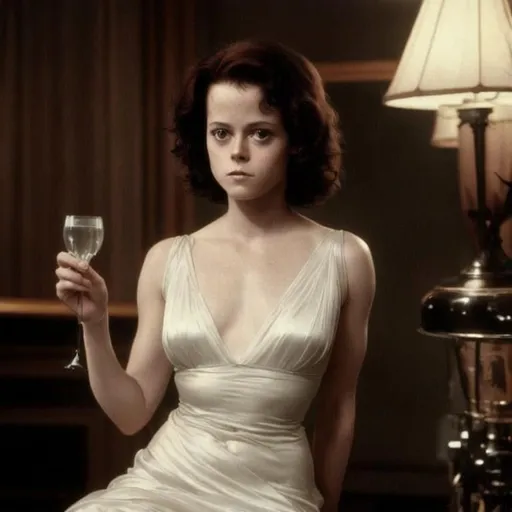 Prompt: Stunning Sigourney Weaver age about 18  in sheer silk dress with holding a martini glass,      1900 era bar mirror in background