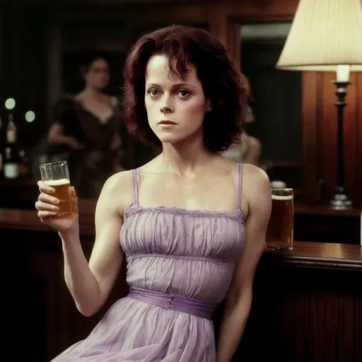 Prompt: Stunning Sigourney Weaver age 30 in sheer lilac colored dress looking haunted and longing , with a  beer glass,   1900 era bar  with mirror in background,  