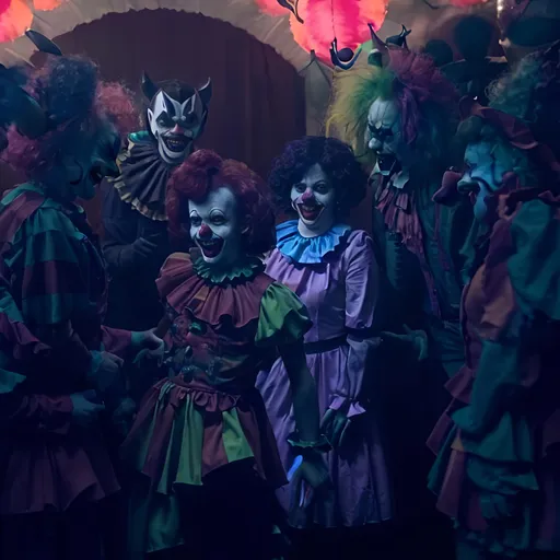 Prompt:  Satan clown meets with his laughing cohort of clowns in a blacklit room
