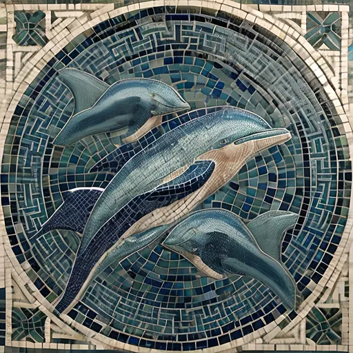 Prompt: Greek mosaic of blue dolphin and dark green dolphin head to heat and tail to tail with oval gap in center