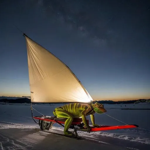 Prompt: Metal chameleon crouched  on a sled with large billowing sail on mast on back, under starry sky