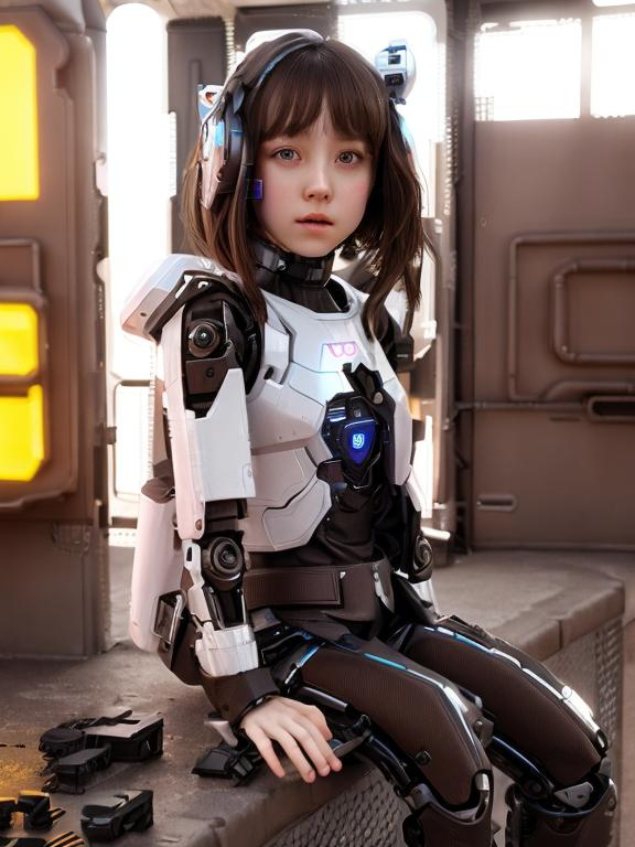 Prompt: android that looks like  a 12 years old girl, pale skin,  dark brown eyes, colorful clothes, urban setting,  photorealistic,  visible robot joints