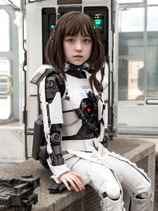 Prompt: android that looks like  a 12 years old girl, pale skin,  dark brown eyes, colorful clothes, urban setting,  photorealistic,  visible robot joints