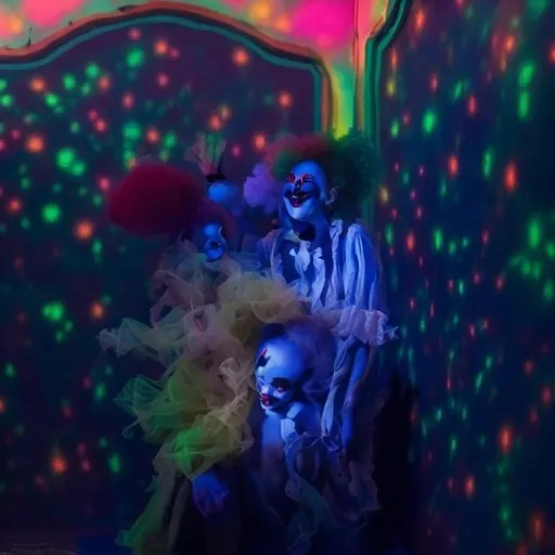 Prompt: Beautiful blue girl clown with her clown friends in a black lighted room and florescent colors on the walls