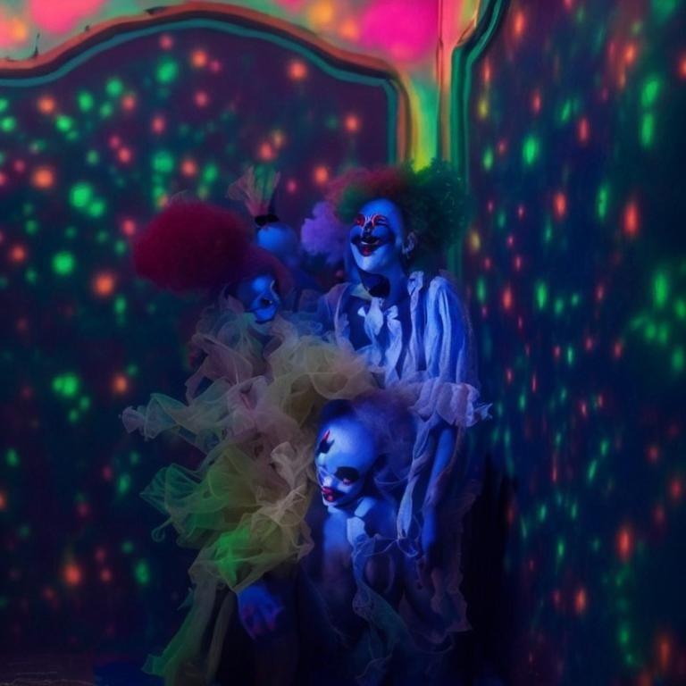 Prompt: Beautiful blue girl clown with her clown friends in a black lighted room and florescent colors on the walls