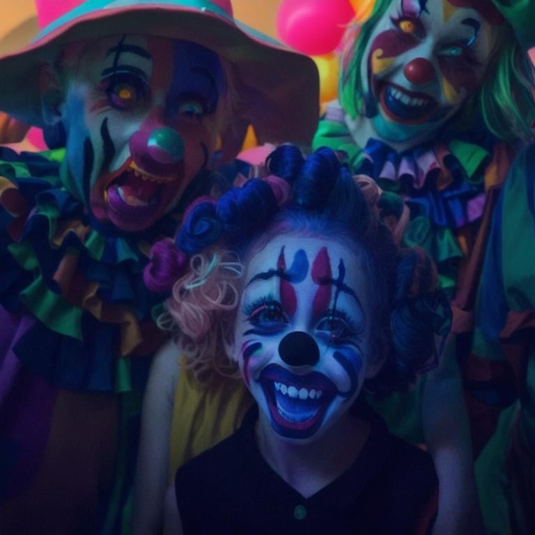 Prompt: girl and 2 young men dressed as clowns in a black lighted room all are laughing