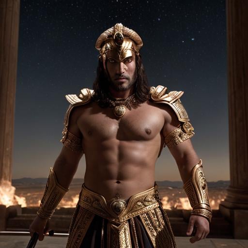Prompt: Ares as handsome god with a horoscope of Mars in Aries in background