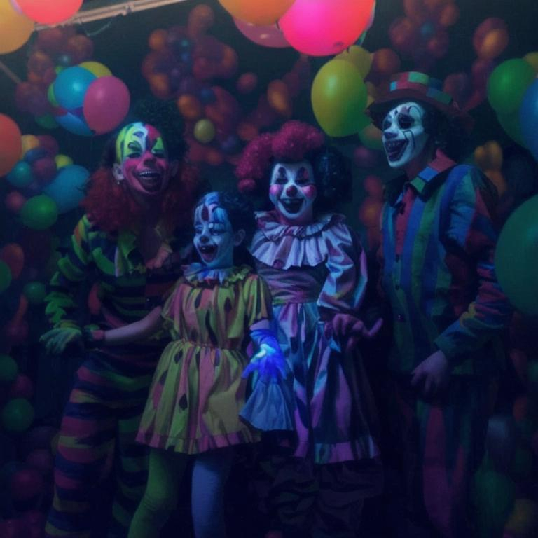 Prompt: girl and 2 young men dressed as clowns in a black lighted room all are laughing