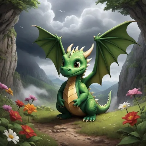 Prompt: 
In a distant land, there lived a young dragon named Timmy. Timmy lived in a small cave with his family of dragons. They lived peacefully and happily in a green valley full of trees and flowers.

But one day, a powerful storm approached the valley. Fierce winds began to blow, threatening to uproot everything in their path. Timmy and his family were very scared because they had never seen such a big storm before.

Luckily, Timmy had an idea. He said to his family, "Let's fly far away from this storm to the high mountain. There we will be safe." So they all hurried to fly away, as the storm was very close.

They reached the high mountain and stayed there until the storm passed. They remained in the mountain for a few days until the trees healed and the flowers bloomed again.

Then they returned to their cave in the valley, where they were welcomed by friends and neighbors with great joy. Since that day, Timmy always remembered that family and friends are the most important things in the world, and that they can face anything when they are together.