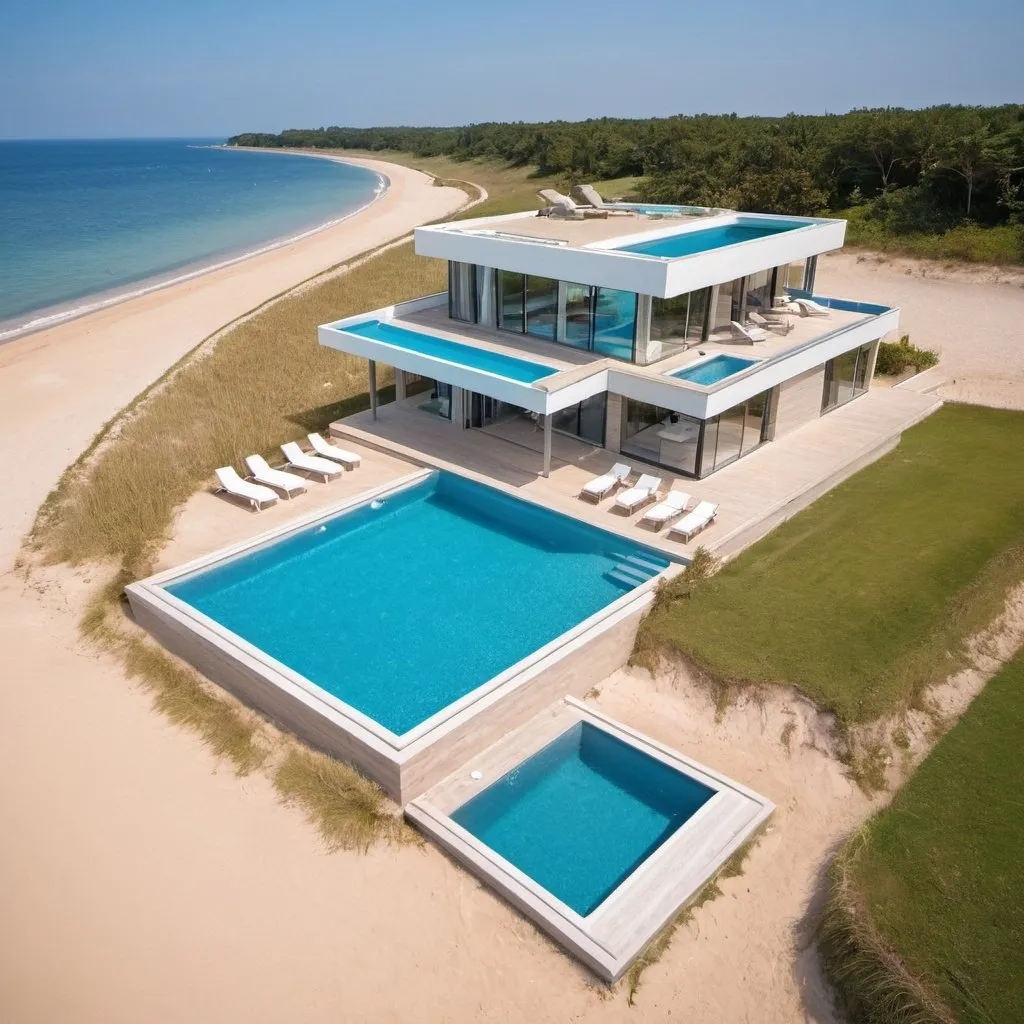 Prompt: Luxurious house with swimming pool in front of a sandy beach