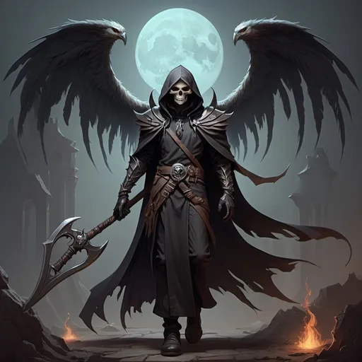 Prompt: Make a human d&d character with wings and where his class is necromancer and he uses a scythe he also has a human face and looks cute