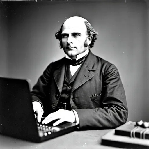 Prompt: Sir Francis Galton working on a macboob pro computer