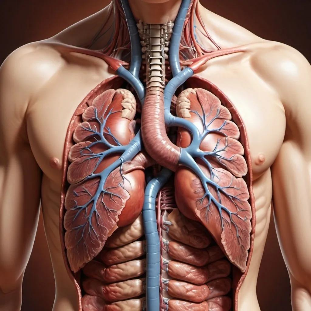 Prompt: Detailed human anatomy illustration, realistic oil painting, heart, liver, lungs, stomach, intestines, kidneys, arteries, veins, bladder, uterus, high-res, ultra-detailed, realistic, anatomical, internal organs, warm tones, soft lighting