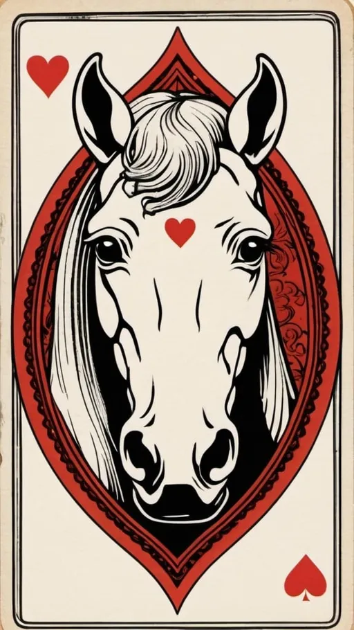 Prompt: Old school playing card illustration of a 770 of hearts, white horse face card, vintage style, intricate line work, detailed design, aged paper texture, classic art style, high quality, vintage, detailed illustration, intricate design, aged texture, classic, playing card, 770 of hearts