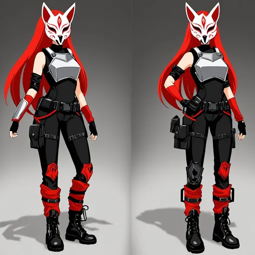 Prompt: A woman (striking pose) wearing a black mock neck sleeveless unitard with pockets and arm sleeves, complemented by a white tungsten breastplate and bracers with silver accents, rugged combat boots, and a utility belt. She holds a thigh holster and dons an intricate Kitsune Mask, adding a mysterious touch. Her vibrant red hair contrasts beautifully against the sleek outfit, creating an ultra-detailed, fierce aesthetic in a dynamic, high-action environment.