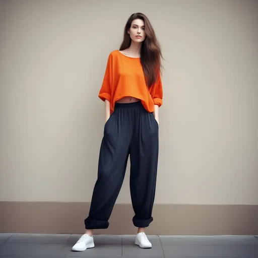 Prompt: A tall woman (6'4", 198 lbs) with stunning floor-length hair, confidently wearing a trendy cropped top and stylish oversized baggy pants, fashionable pose, minimalist background, warm and inviting atmosphere, high fashion appeal, emphasizing vibrant colors, ultra-detailed, full-body shot, capturing elegance and street style.