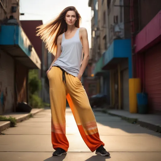 Prompt: A tall woman, (6'4", 198 lbs), showcasing her stunning (floor-length hair), dressed in a casual (tank top) and stylish (oversized baggy pants), confident pose, natural scene, vibrant colors, (urban environment), warm lighting, promoting a sense of (freedom) and (easy-going lifestyle), ultra-detailed, high quality, (full-body perspective).