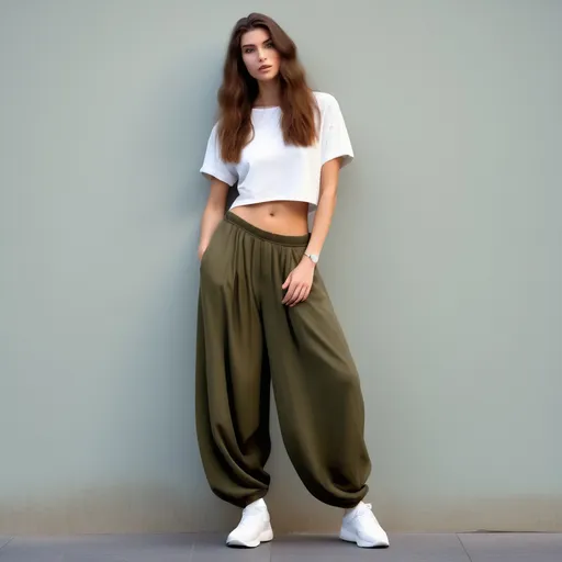 Prompt: A tall woman (6'4", 198 lbs) with stunning floor-length hair, confidently wearing a trendy cropped top and stylish oversized baggy pants, fashionable pose, minimalist background, warm and inviting atmosphere, high fashion appeal, emphasizing vibrant colors, ultra-detailed, full-body shot, capturing elegance and street style.