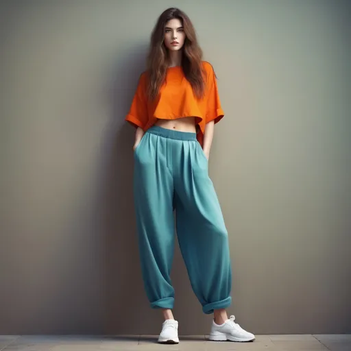 Prompt: A tall woman (6'4", 198 lbs) with stunning floor-length hair, confidently wearing a trendy cropped top and stylish oversized baggy pants, fashionable pose, minimalist background, warm and inviting atmosphere, high fashion appeal, emphasizing vibrant colors, ultra-detailed, full-body shot, capturing elegance and street style.