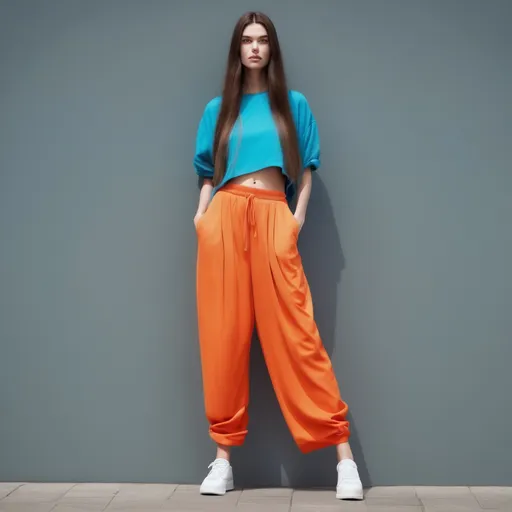 Prompt: A tall woman (6'4", 198 lbs) with stunning floor-length hair, confidently wearing a trendy cropped top and stylish oversized baggy pants, fashionable pose, minimalist background, warm and inviting atmosphere, high fashion appeal, emphasizing vibrant colors, ultra-detailed, full-body shot, capturing elegance and street style.