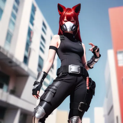 Prompt: A woman (striking pose) wearing a black mock neck sleeveless unitard with pockets and arm sleeves, complemented by a white tungsten breastplate and bracers with silver accents, rugged combat boots, and a utility belt. She holds a thigh holster and dons an intricate Kitsune Mask, adding a mysterious touch. Her vibrant red hair contrasts beautifully against the sleek outfit, creating an ultra-detailed, fierce aesthetic in a dynamic, high-action environment.