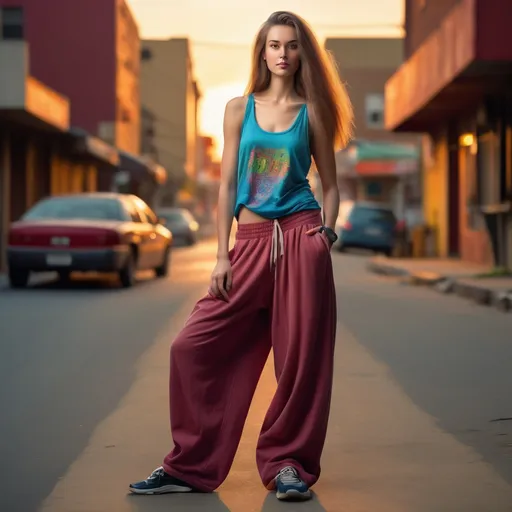 Prompt: A tall woman, (6'4", 198 lbs), showcasing her stunning (floor-length hair), dressed in a casual (tank top) and stylish (oversized baggy pants), confident pose, natural scene, vibrant colors, (urban environment), warm lighting, promoting a sense of (freedom) and (easy-going lifestyle), ultra-detailed, high quality, (full-body perspective).