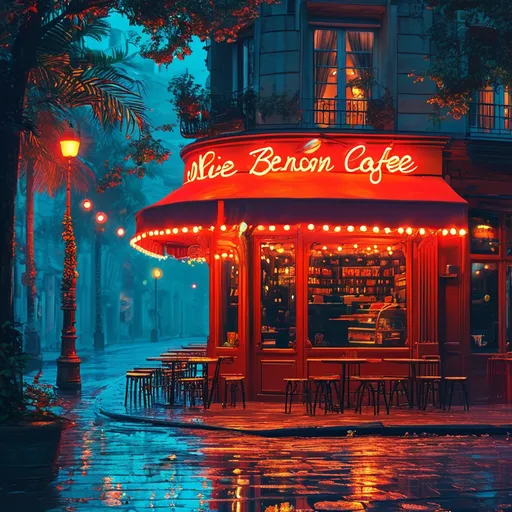 Prompt: Neon banners of different cafe 