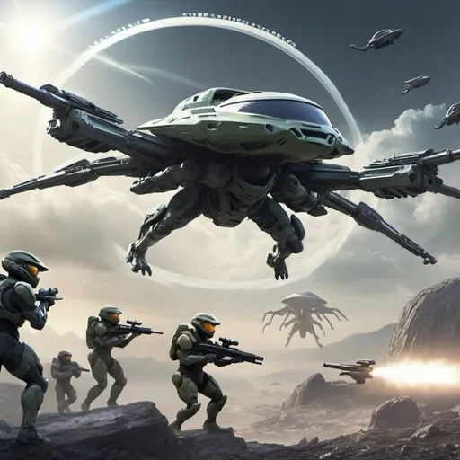 Prompt: Create a halo scene with a sniper and aliens flying 