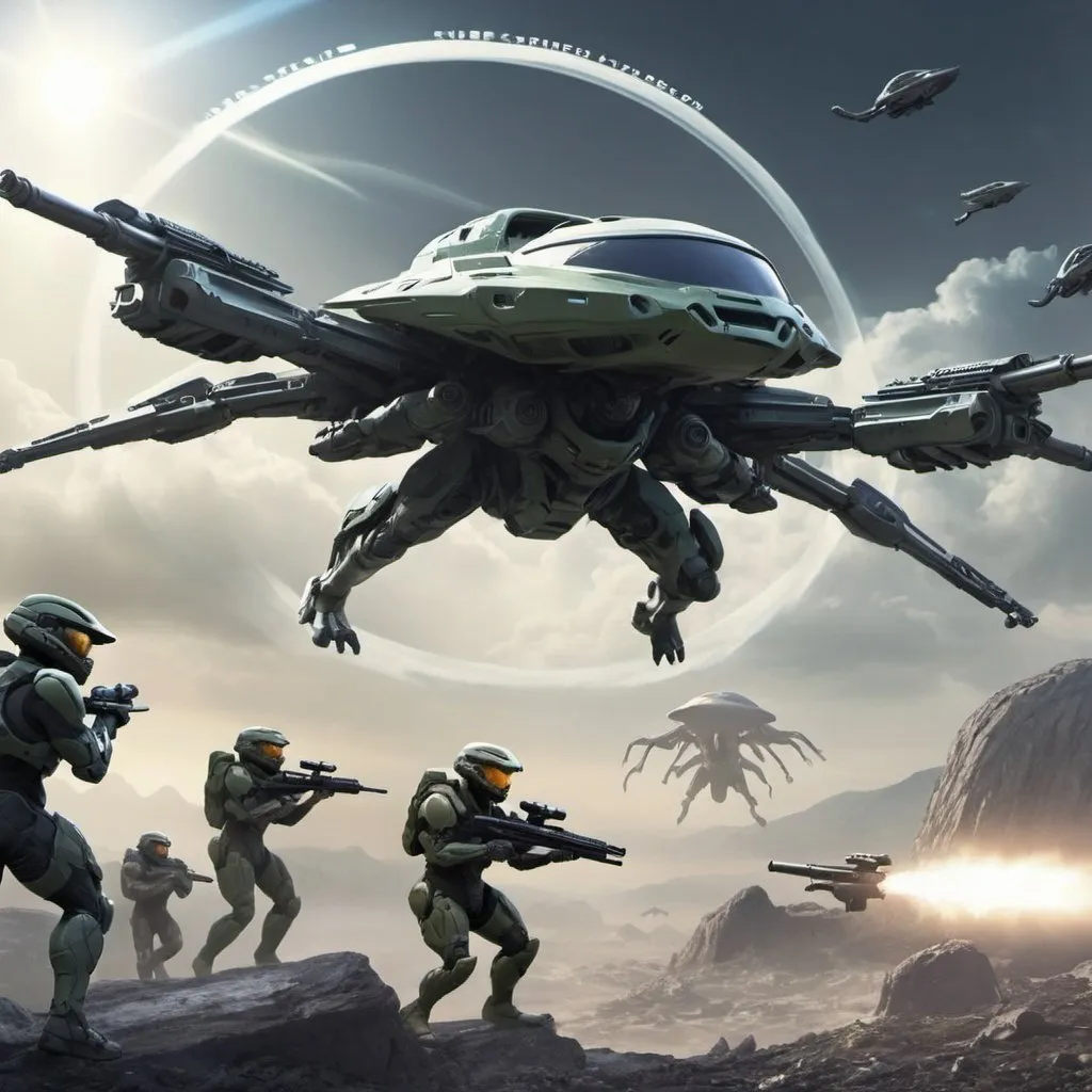 Create a halo scene with a sniper and aliens flying