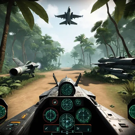 Prompt: fps game with HUD user interface, jet fighter,UI hud,in the jungle
