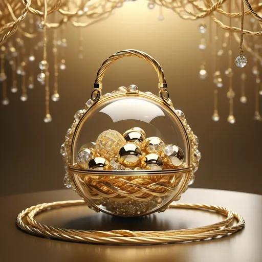 Prompt: gold cable intertwined with (gold threads), (transparent golden bag) holding (uncut spherical conductive diamonds), five or six pieces of (various sizes) clustered together, (luxurious) atmosphere, strong (elegance) in the design, shimmering (gold hues), gentle (lighting), ultra-detailed, opulent background, featuring soft-focus highlights to enhance the richness of the gold.