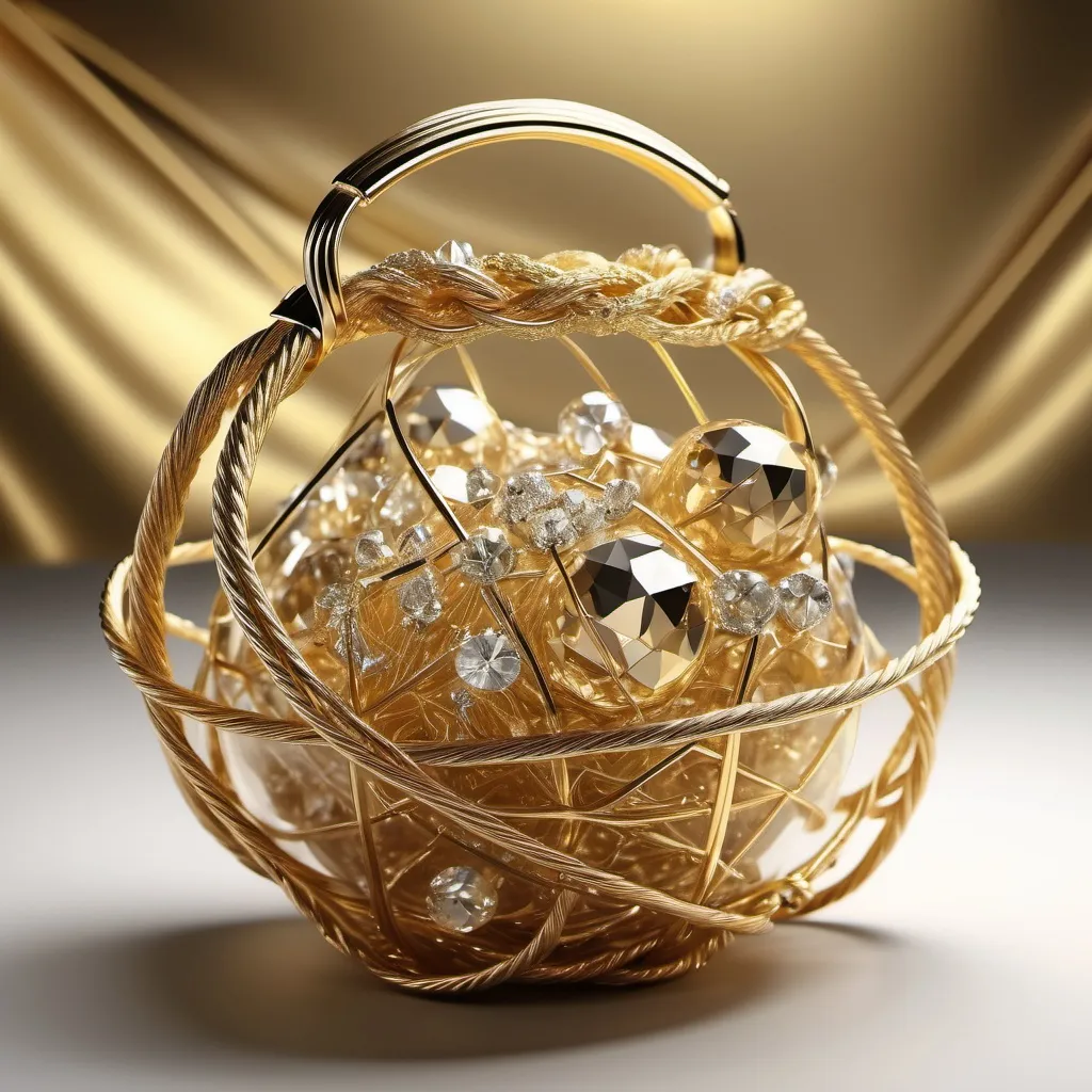 Prompt: gold cable intertwined with (gold threads), (transparent golden bag) holding (uncut spherical conductive diamonds), five or six pieces of (various sizes) clustered together, (luxurious) atmosphere, strong (elegance) in the design, shimmering (gold hues), gentle (lighting), ultra-detailed, opulent background, featuring soft-focus highlights to enhance the richness of the gold.